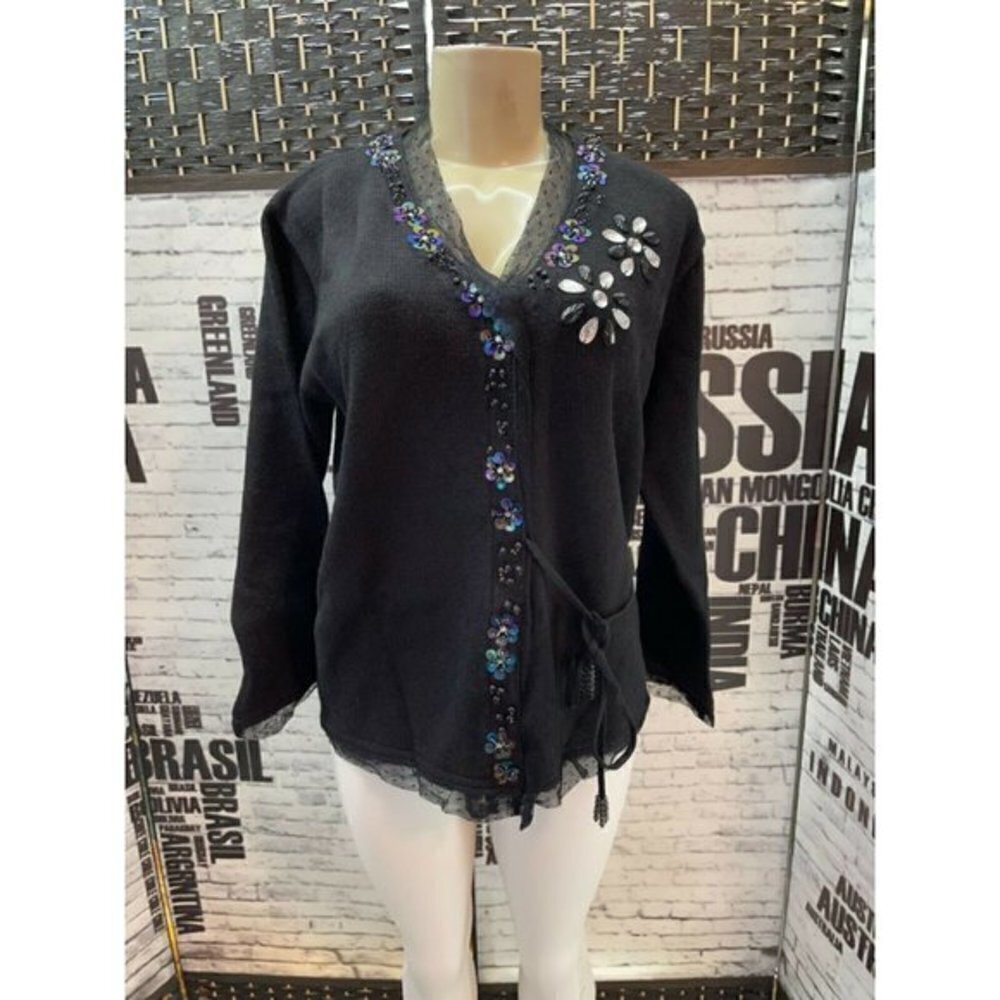 StoryBook Knits M Black Beaded Jeweled Mesh Trim Button Cardigan Sweater